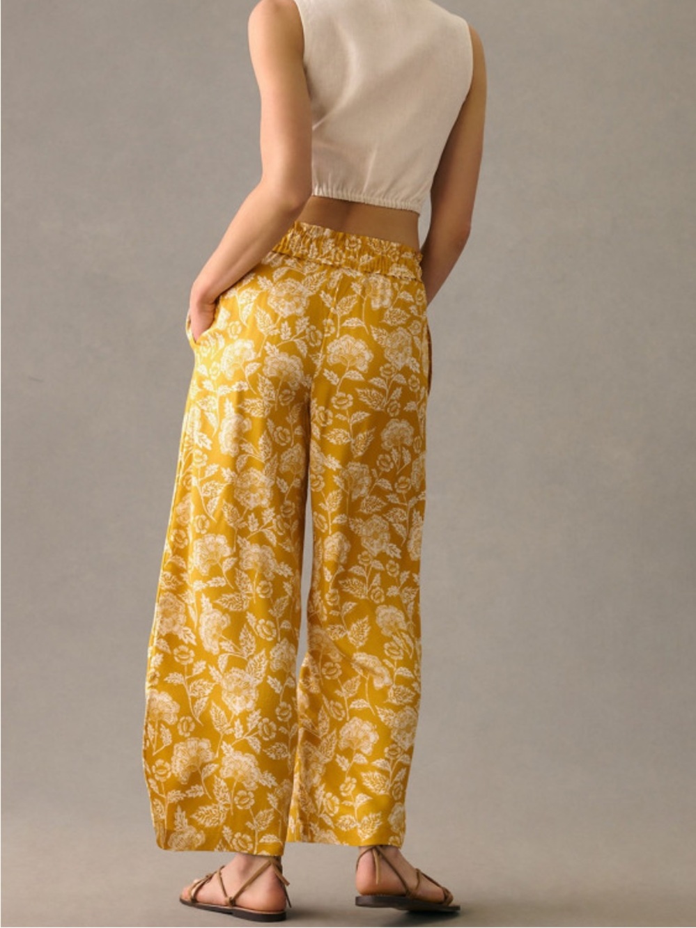Wide-Leg Pull-On Pants in Mustard Floral Anthropologie - Picture 2 of 2